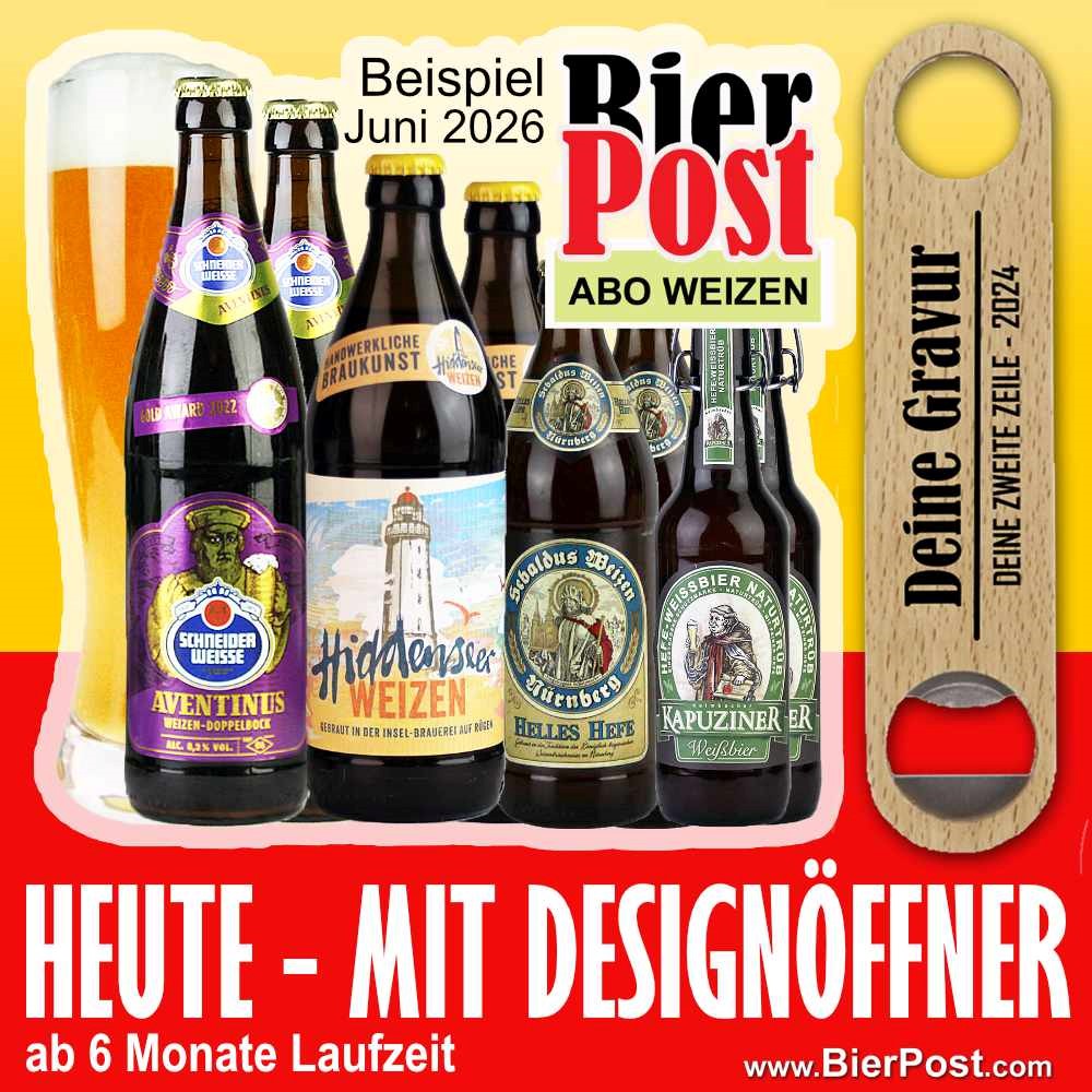 Bild von BierPostABO - WEIZENBIER - incl. Versand in DE, incl. BierPostCARD ohne Glas. ( HEUTE mit GRATIS Design Öffner ab einer Laufzeit von 6 Monaten, einfach in die beiden Textfelder eintragen )