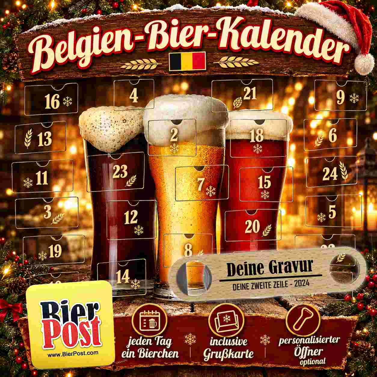 Bild von Bier-Adventskalender - BIERLAND BELGIEN - je 0,33l  ( VORBESTELL-Aktion incl. Design Öffner und deiner personalisierten Gravur GRATIS ) 